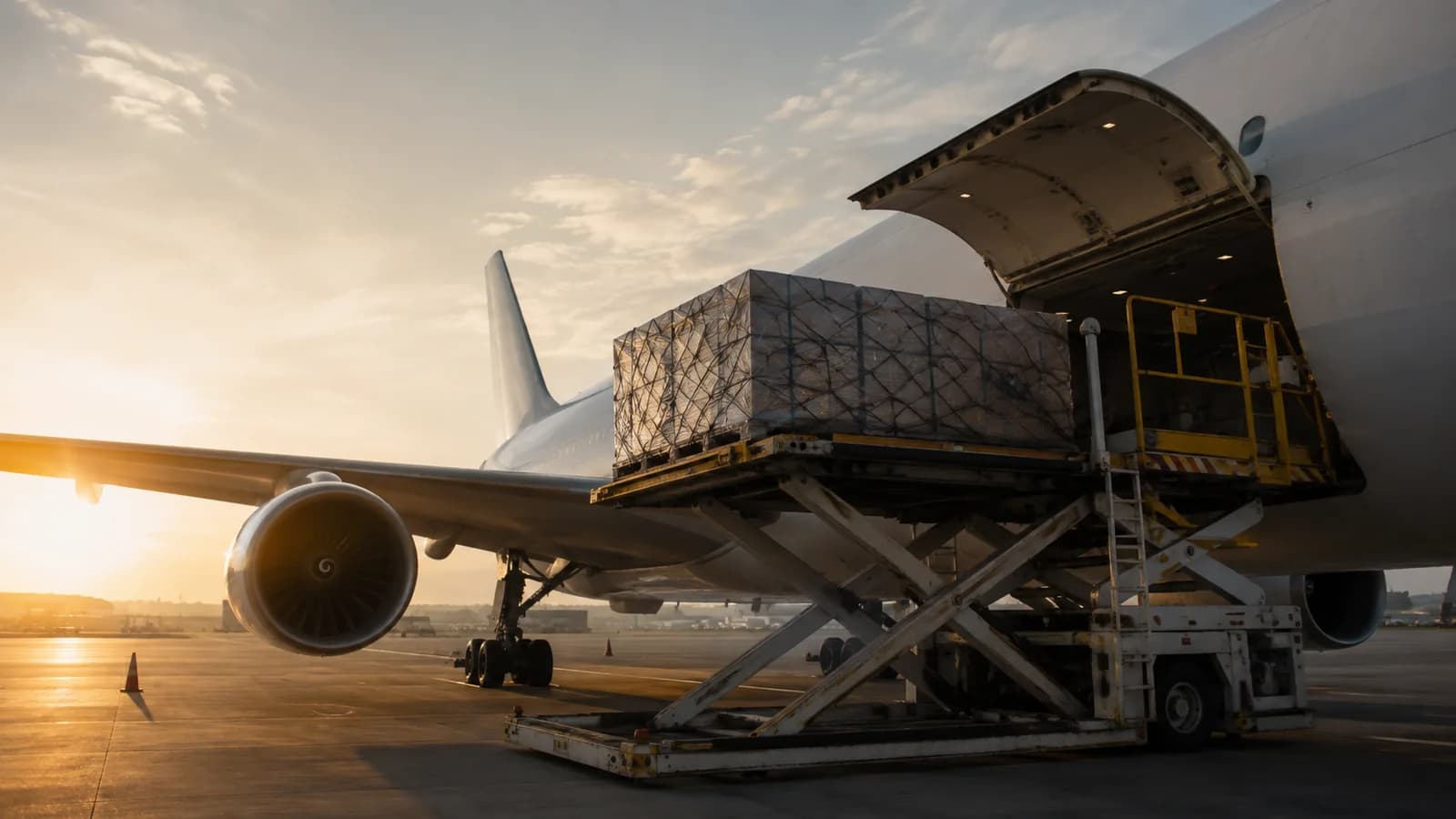 Freight pallet being loaded into an aircraft at dawn