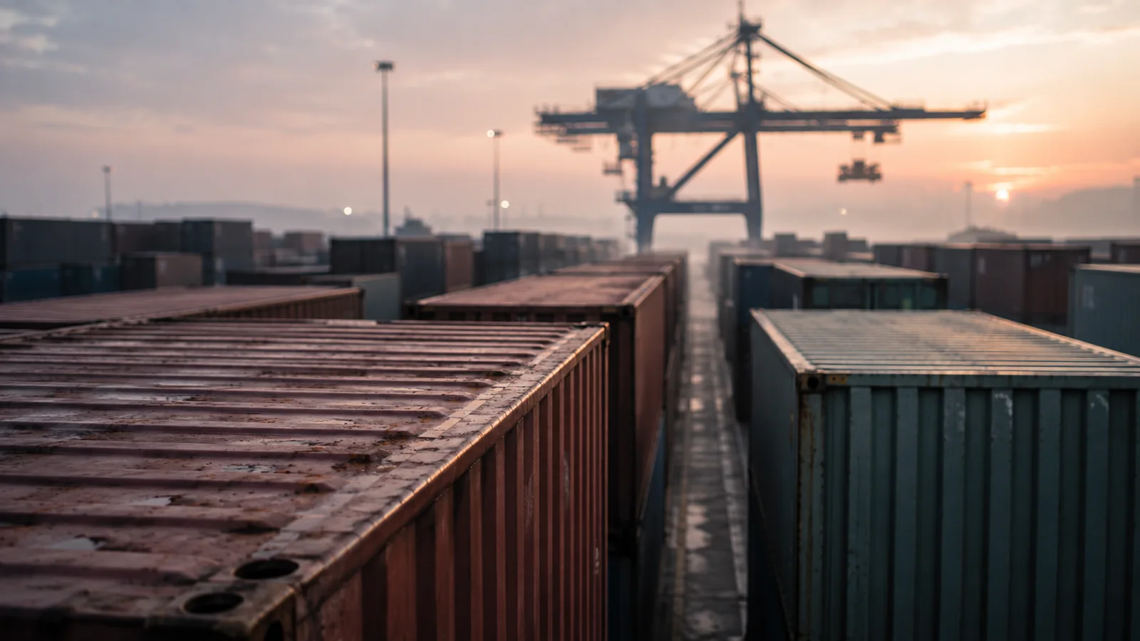 Container terminal with gantry cranes at dawn