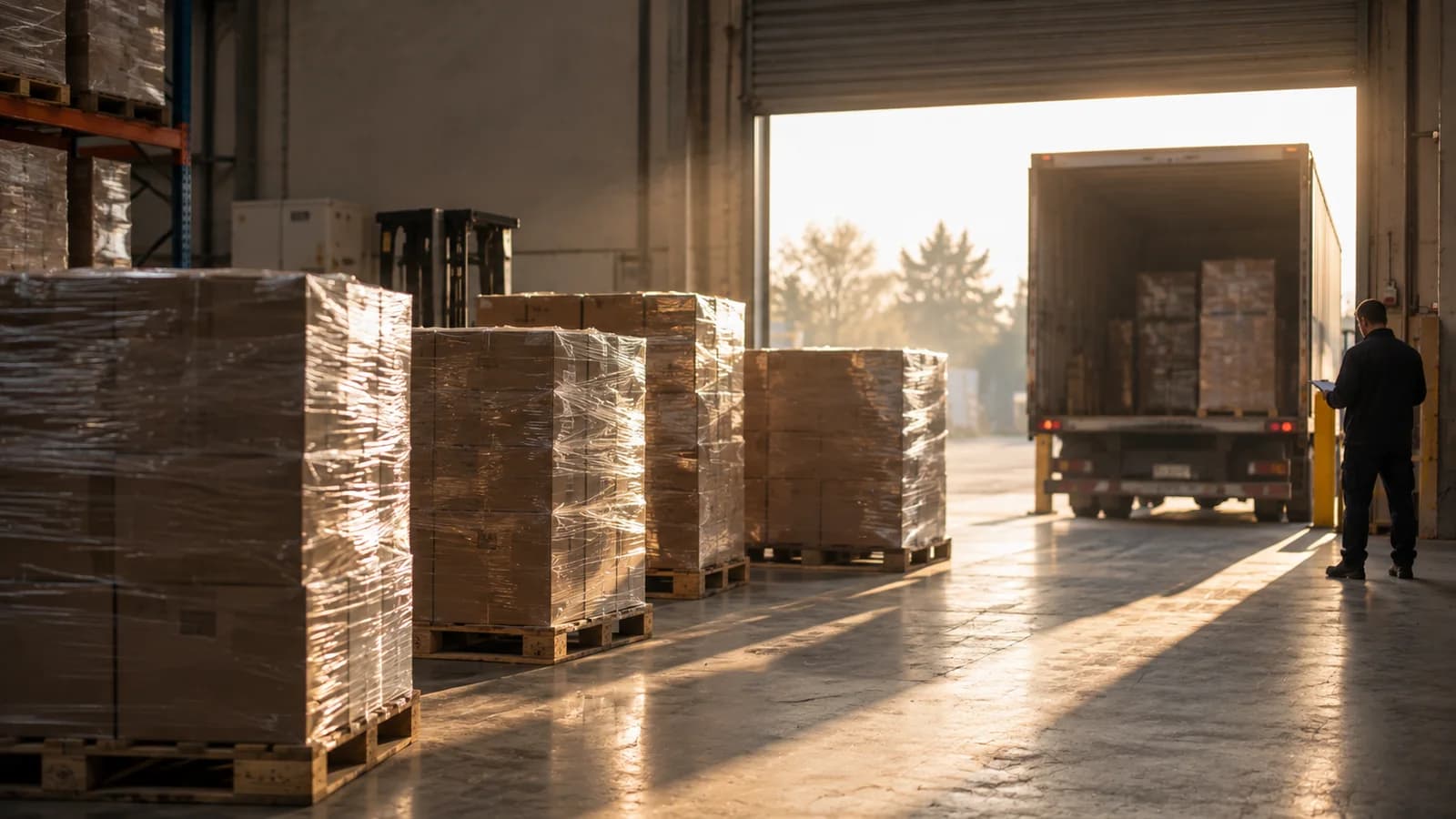 Pallets staged at a loading dock beside an open trailer