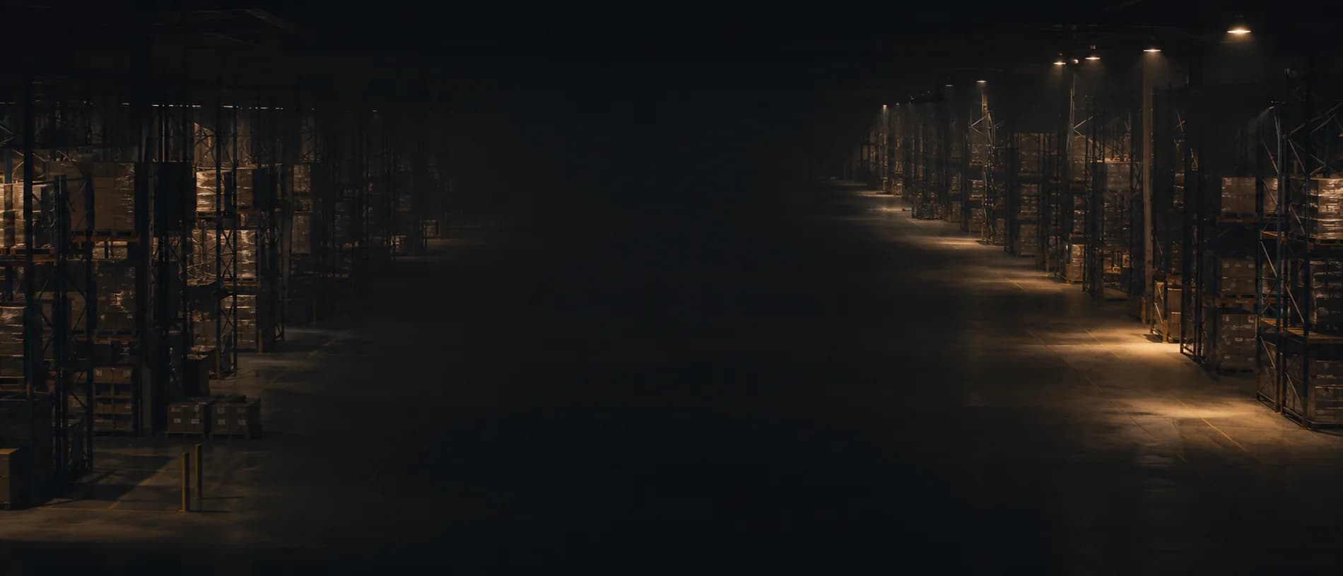 Long warehouse aisle lit by overhead work lights