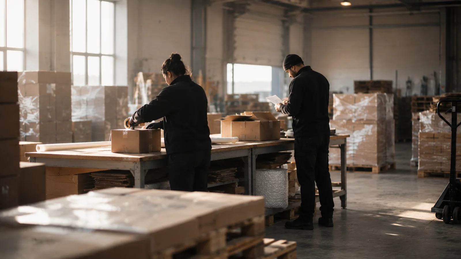 Two warehouse workers packing cartons at a bench