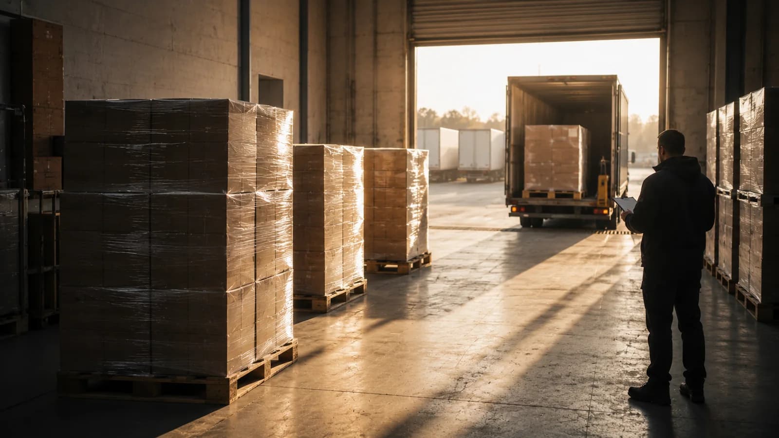 Wrapped pallets on a receiving bay floor in low afternoon sun