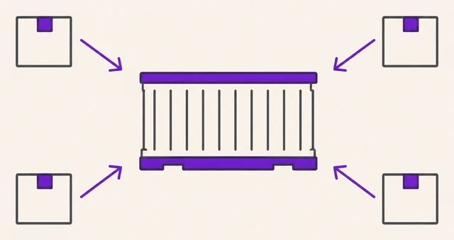 Four cartons converging into one shipping container