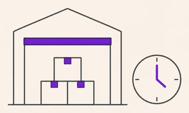 A warehouse holding stacked cartons, beside a clock